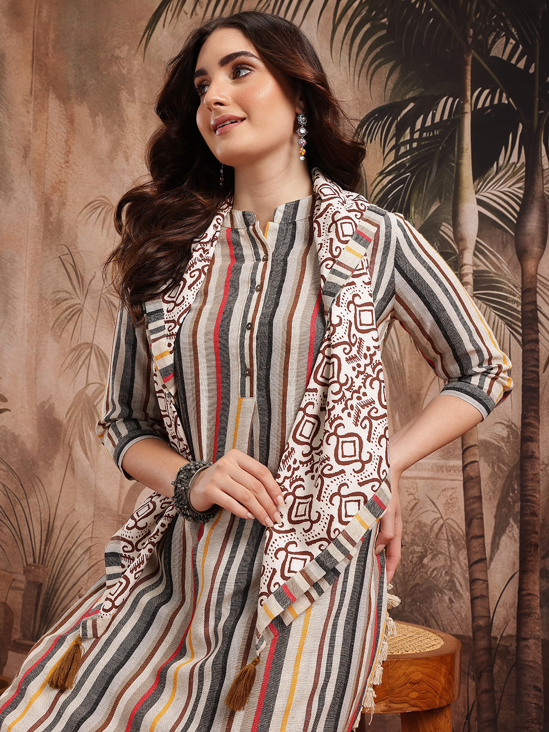 Sangria Striped Pure Cotton Kurta with Trousers & Scarf