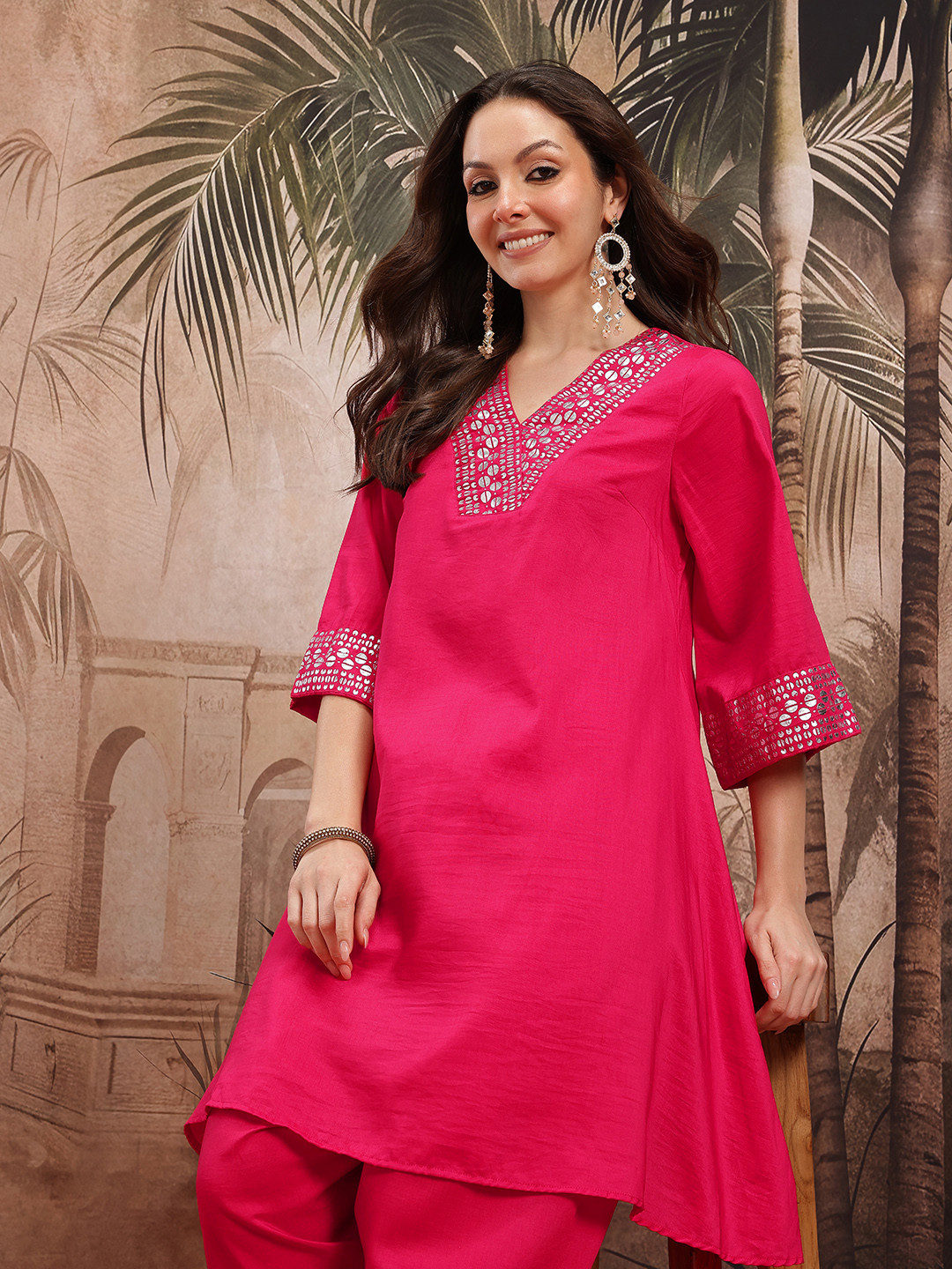 Sangria Geometric Yoke Design Foil Print A-Line Kurta with Dhoti Pants