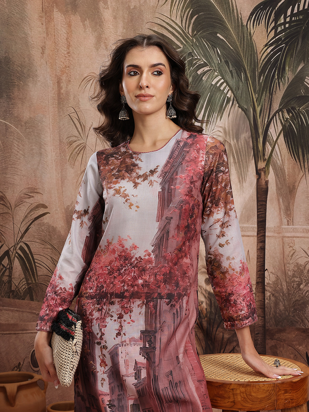 Sangria Floral Printed Round Neck Lace Insert Detail Regular Kurta with Trousers