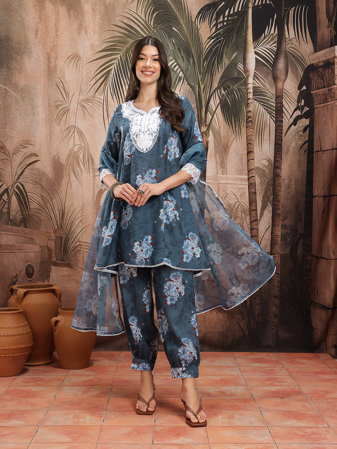 Sangria Floral Print Lace Insert Detail A-line Kurta with Salwar & Dupatta