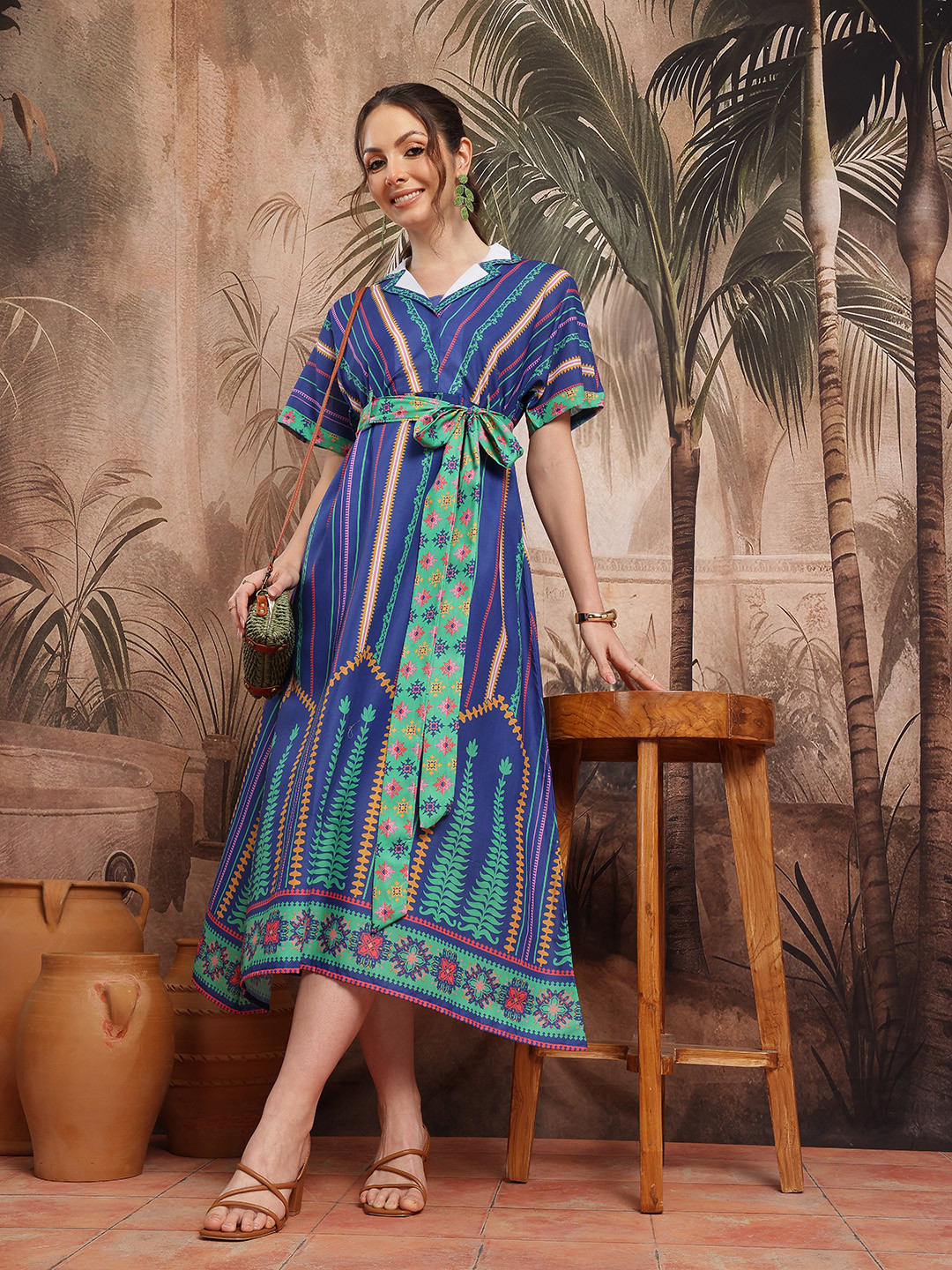 Sangria Ethnic Motifs Print Extended Sleeves A-Line Midi Dress with Camisole & Belt