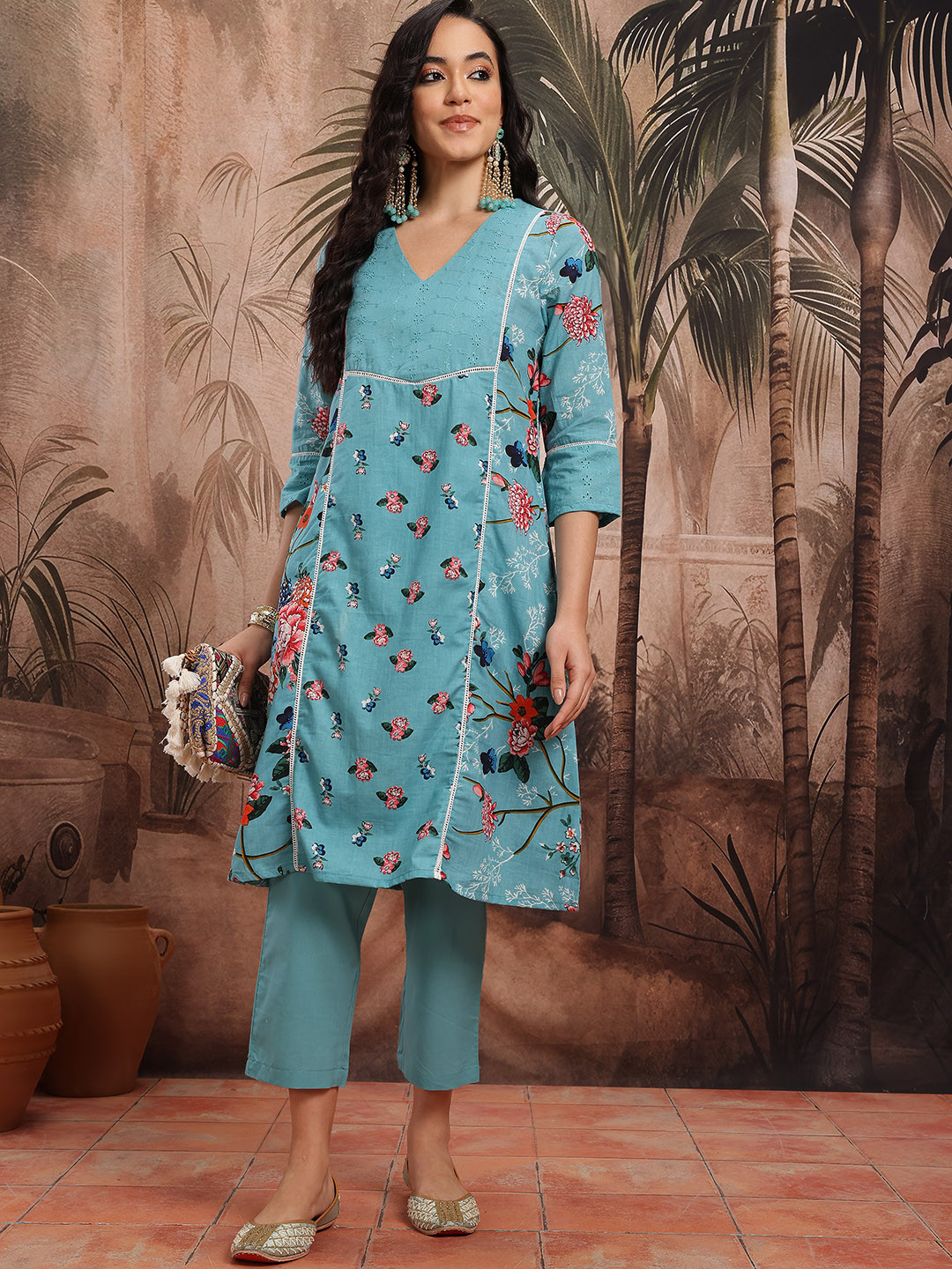 Sangria Floral Print Lace Inserts Paneled Kurta With Trousers