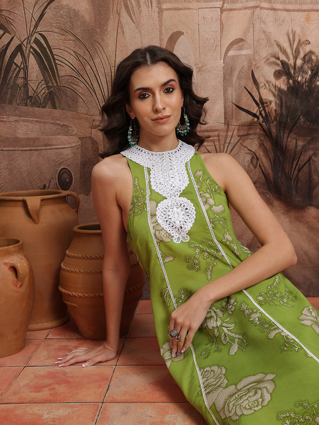 Sangria Floral Printed Thread Work Lace Inserts A-Line Fusion Kurta with Dhoti Pants
