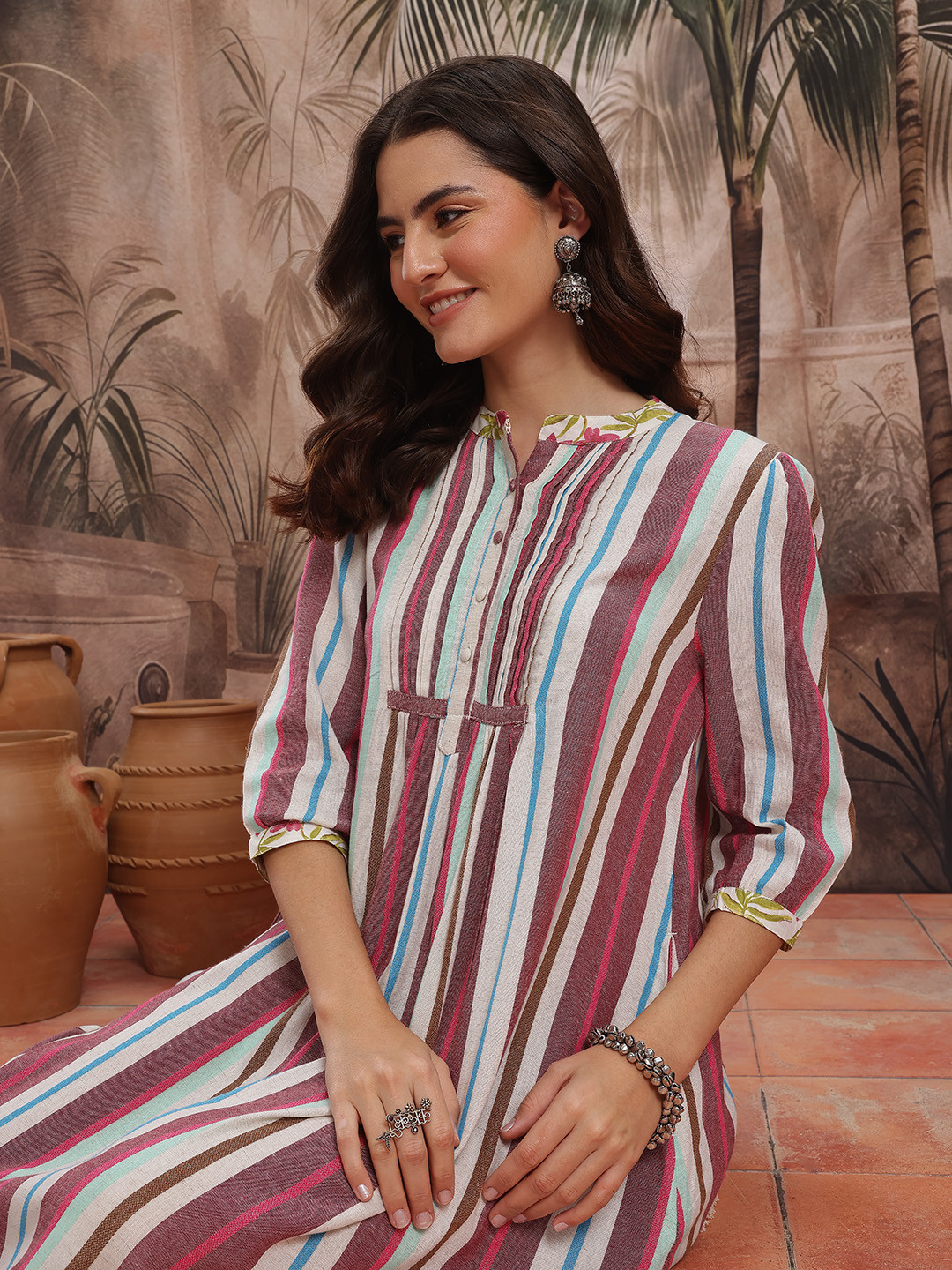 Sangria Pin Tucks Detail Striped Shirt Style Dress