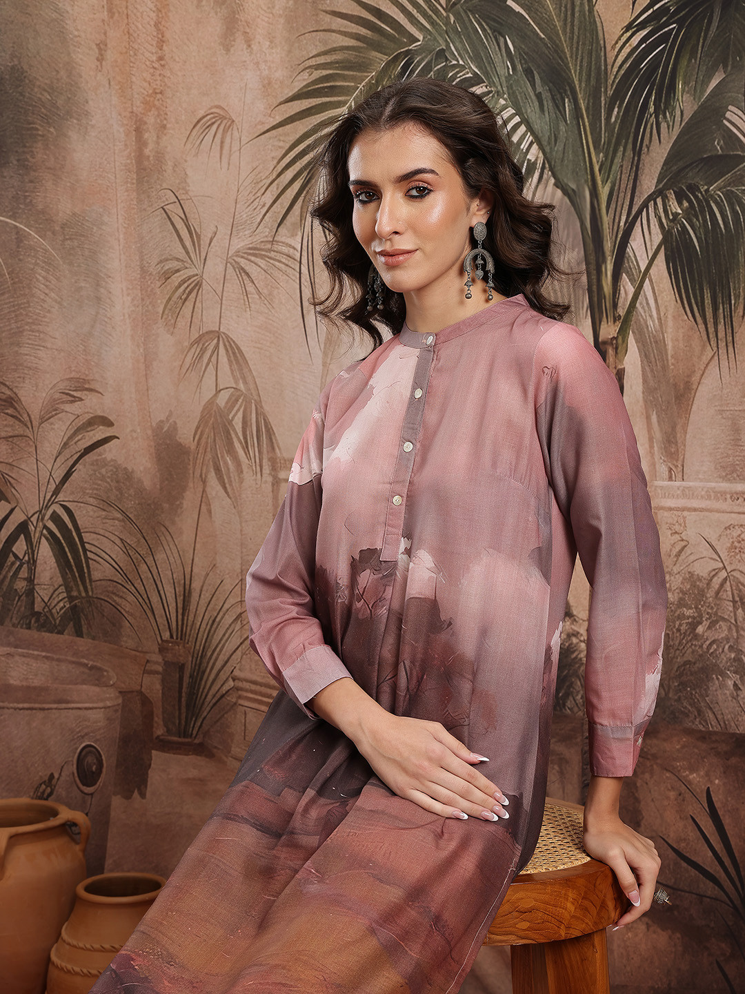 Sangria Graphic Print High-Low Kurta With Palazzos Co-Ords
