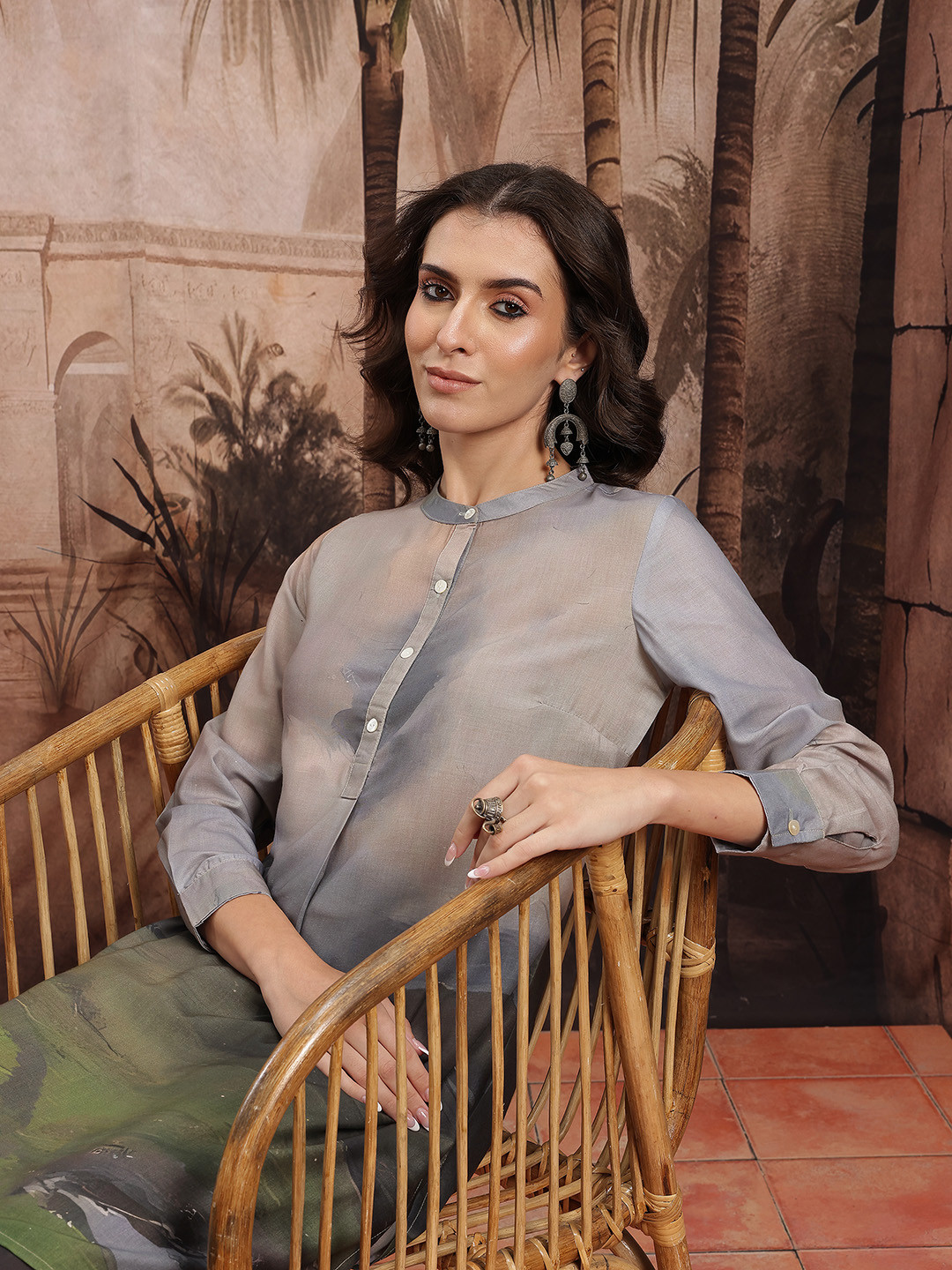 Sangria Graphic Print High-Low Kurta With Palazzos Co-Ords
