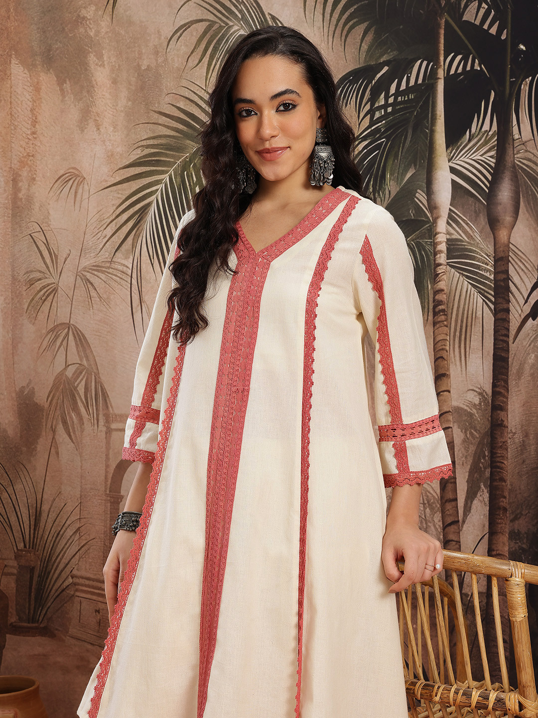 Sangria Lace Insert Detail Cotton-Linen A-Line Kurta with Salwar