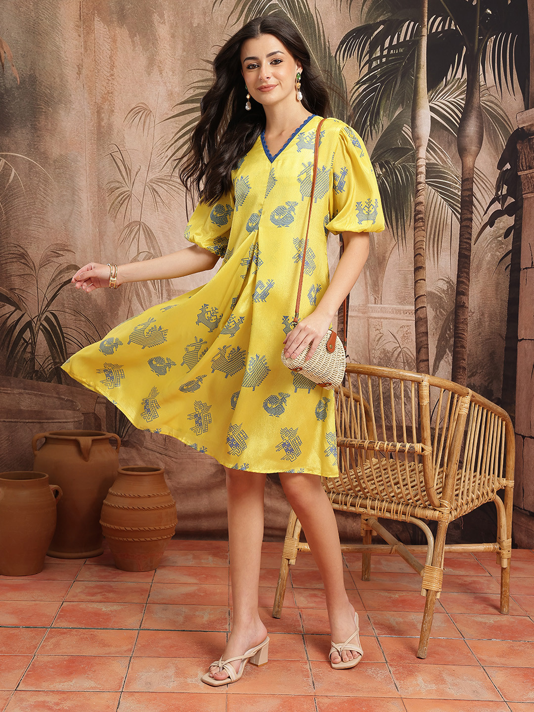 Sangria Tribal Print Gathered Detail Lace Inserts Puff Sleeves Ethnic A-Line Dress