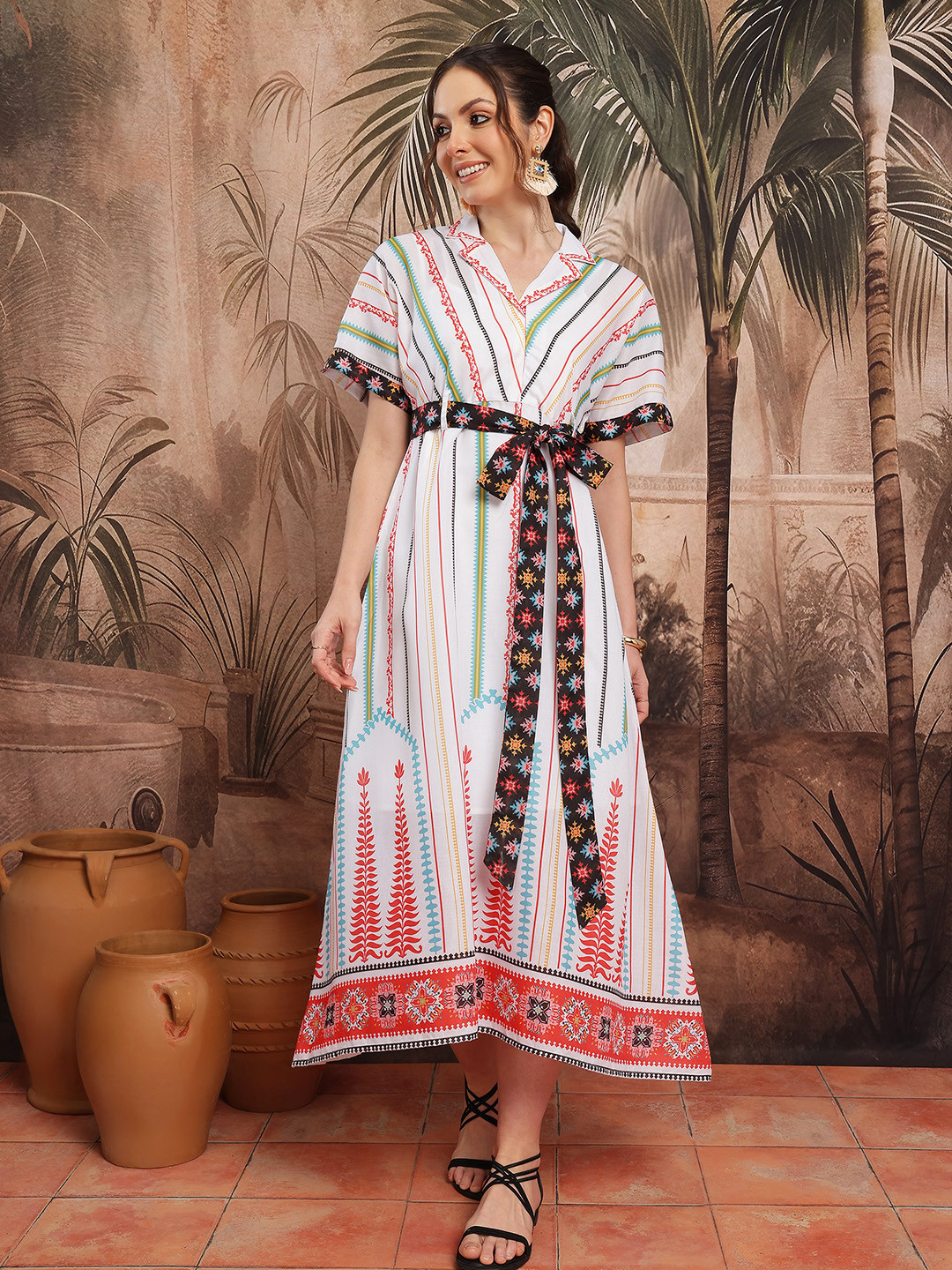 Sangria Ethnic Motifs Print Extended Sleeves A-Line Midi Dress with Camisole & Belt