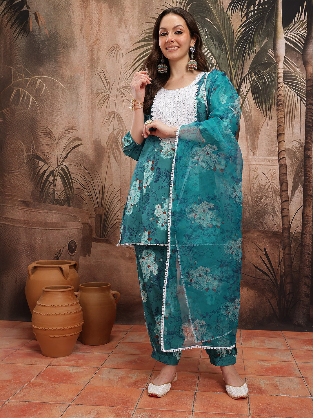 Sangria Floral Printed Yoke Design Kurti With Patiala & Dupatta