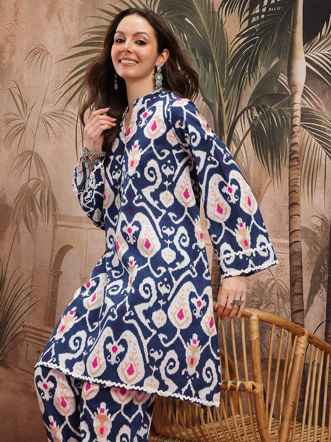 Sangria Indie Floral Prints Ikat Pure Cotton Kurta with Salwar