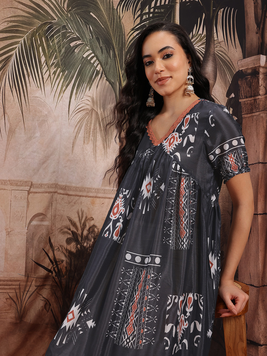 Sangria Printed Satin Finish Crochet Neckline Empire A-Line Dress