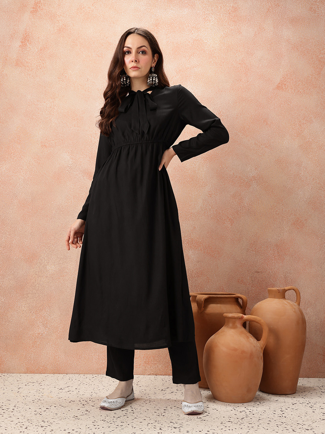 all about you Tie-Up Neck Empire-Style A-Line Kurta with Trousers