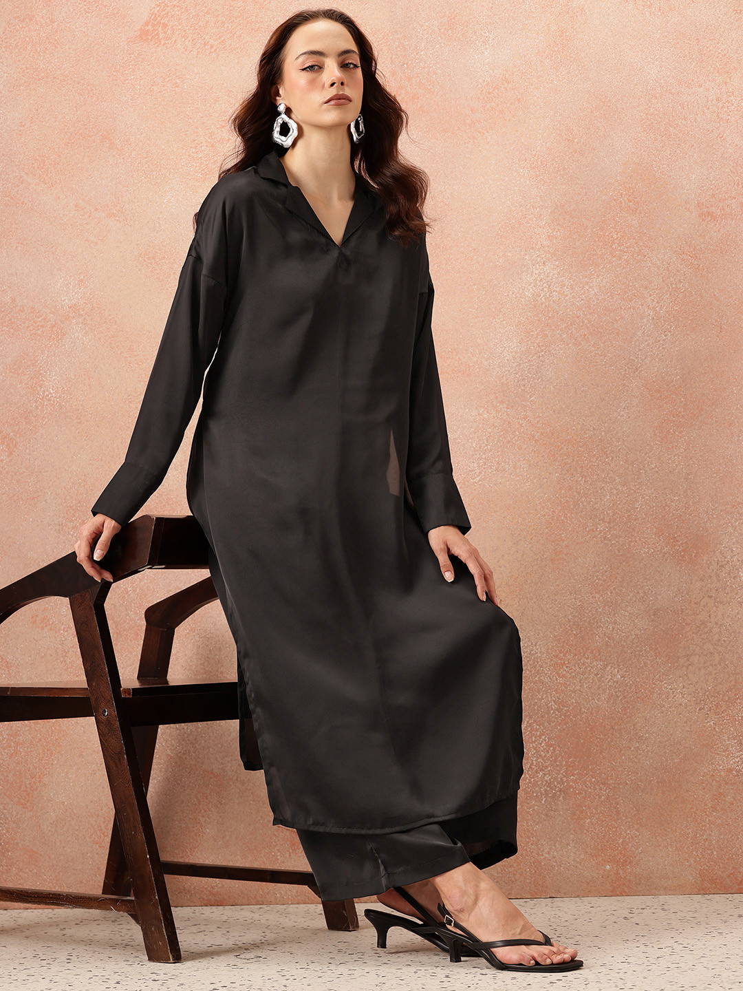 all about you Notched Lapel Collar Drop-Sleeves Satin Straight Kurta with Palazzos