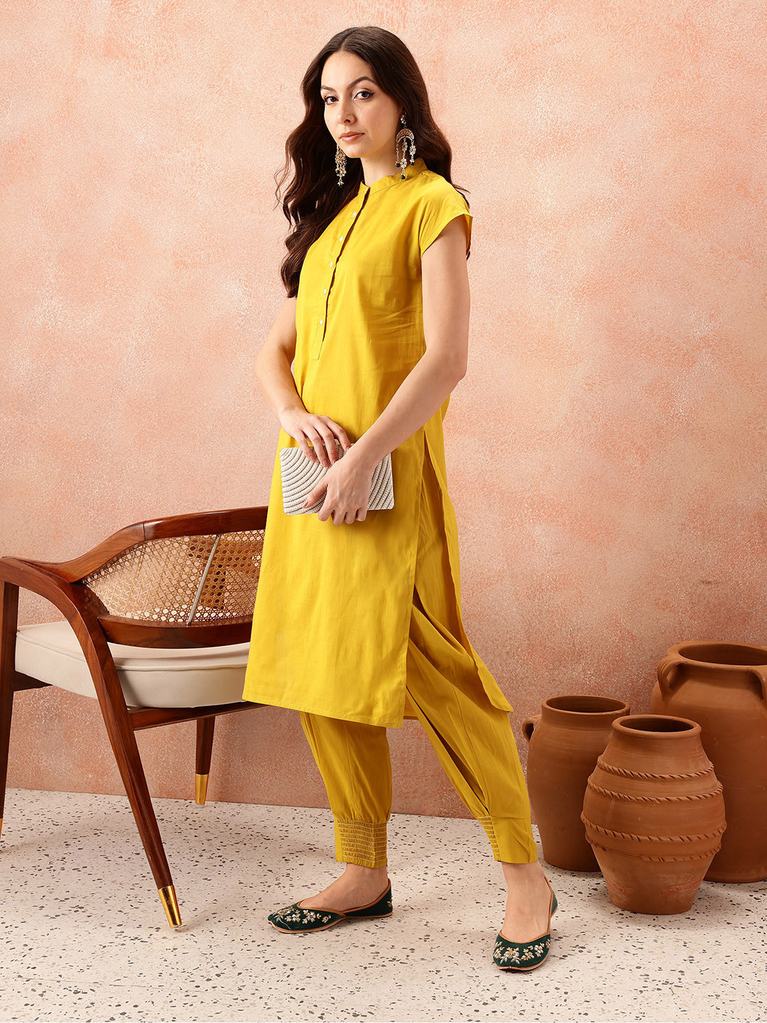 all about you Pathani Style Pure Cotton Extended Sleeve Kurta with Smock Cuffed Salwar
