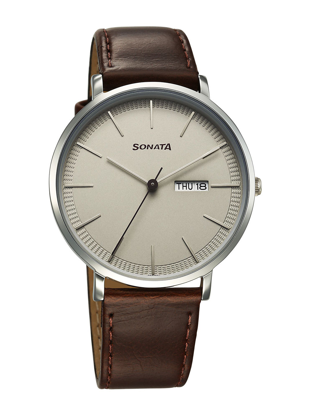Sonata Men Brass Dial & Leather Straps Watch 77150SL05