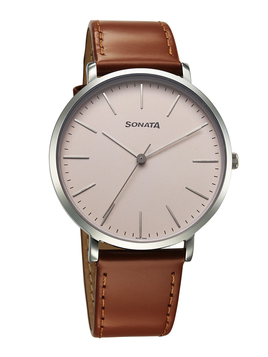 Sonata Men Brass Dial & Leather Straps Watch 77150SL03