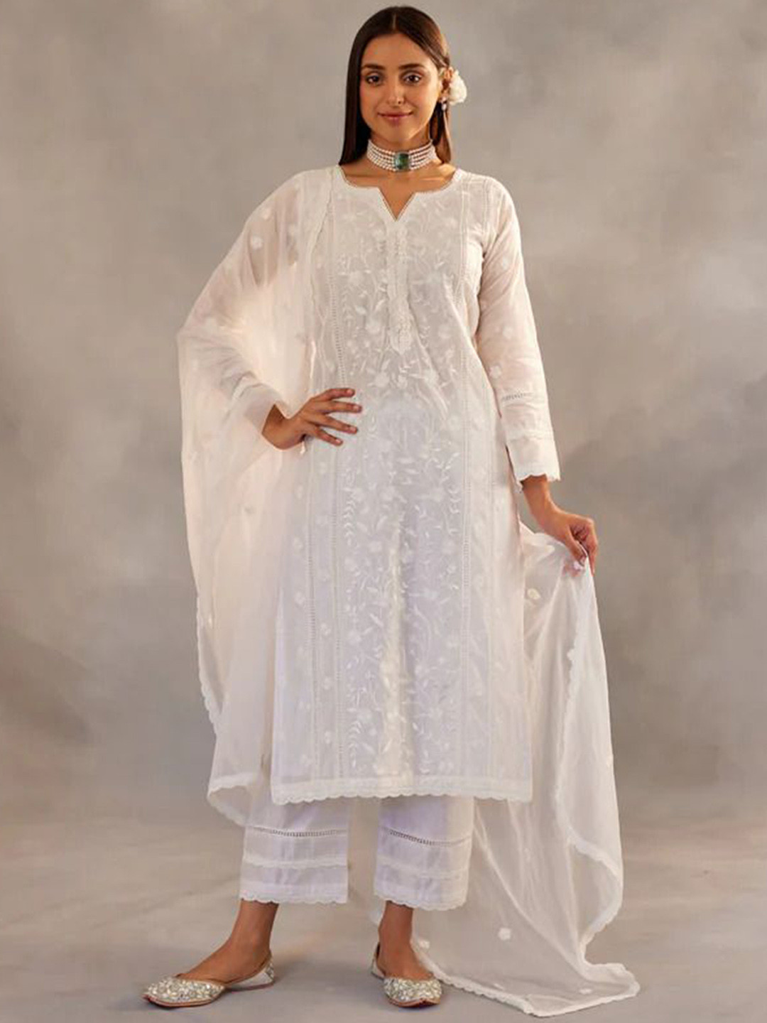 Bought First Women Embroidered Regular Thread Work Kurti with Pyjamas & With Dupatta