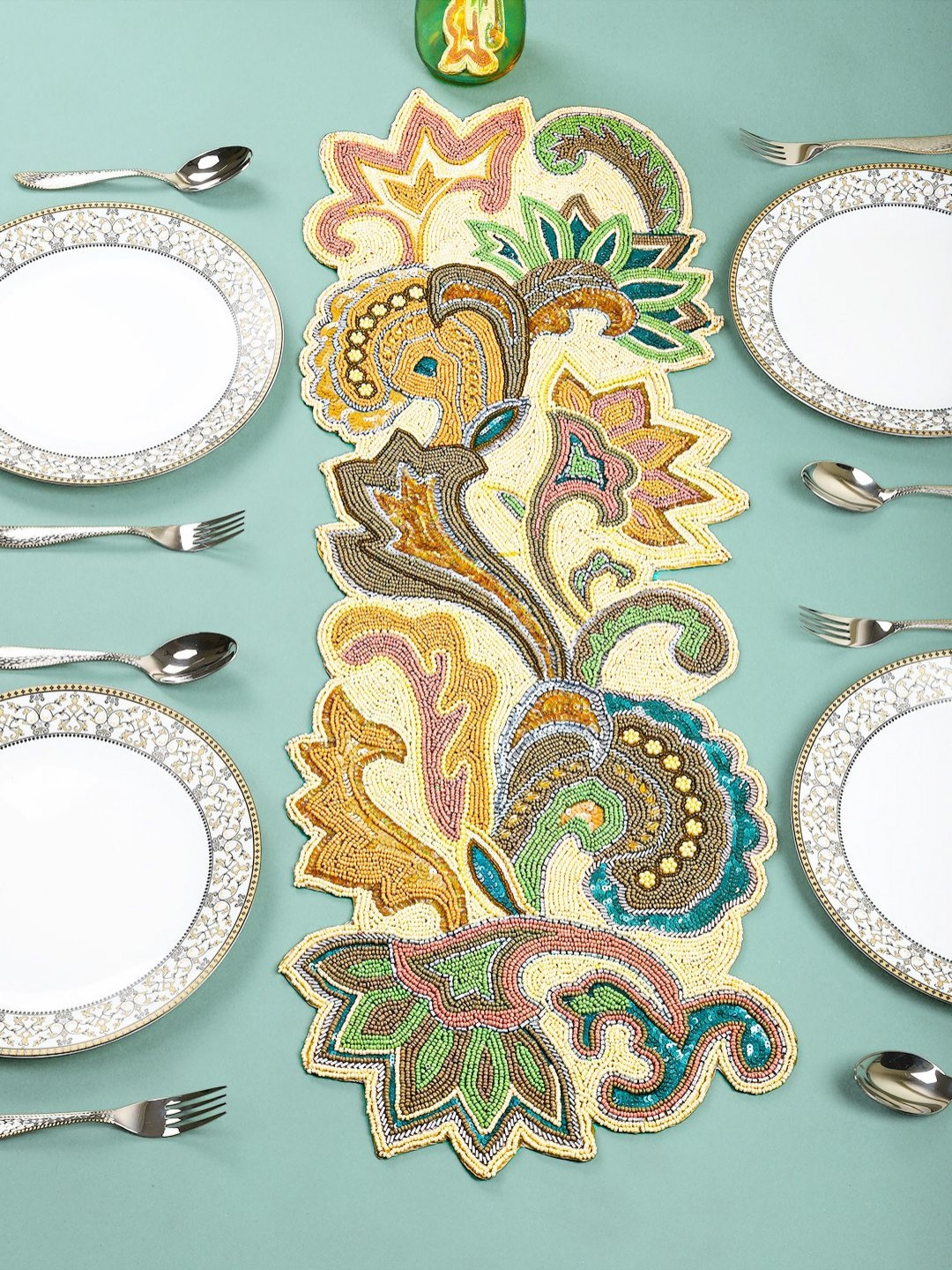 PURINA'S Yellow & Green  Beaded Table Runner