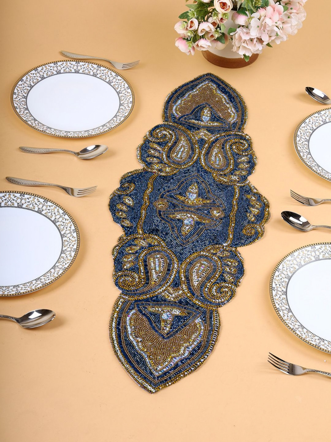 PURINA'S Blue Textured Beaded Table Runner