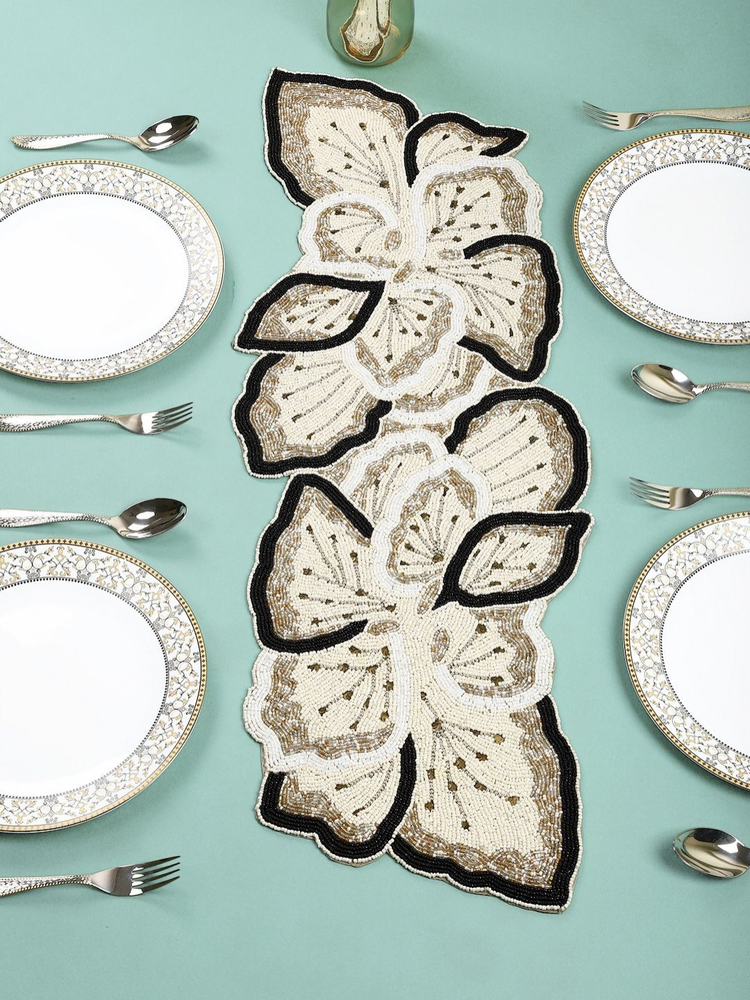 PURINA'S Beige & Black Beaded Rectangular Dining Table Runner