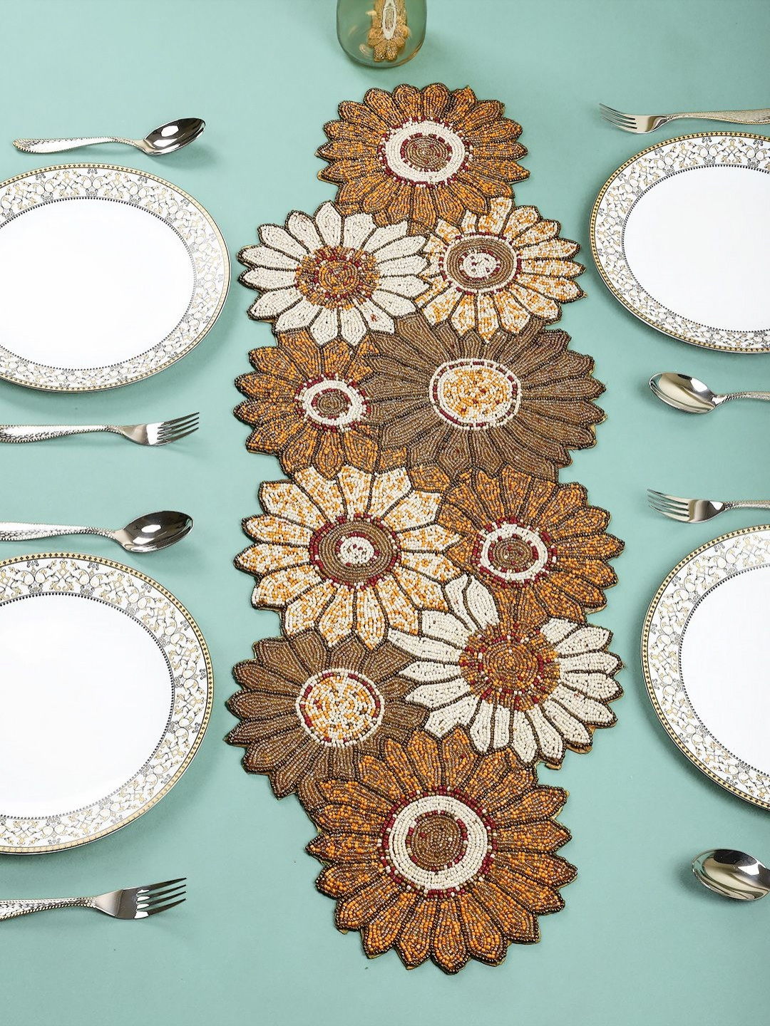 PURINA'S White & Brown Textured Beaded Table Runner