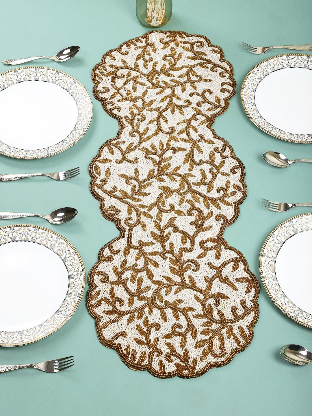 PURINA'S White Beaded Floral Dining Table Runner