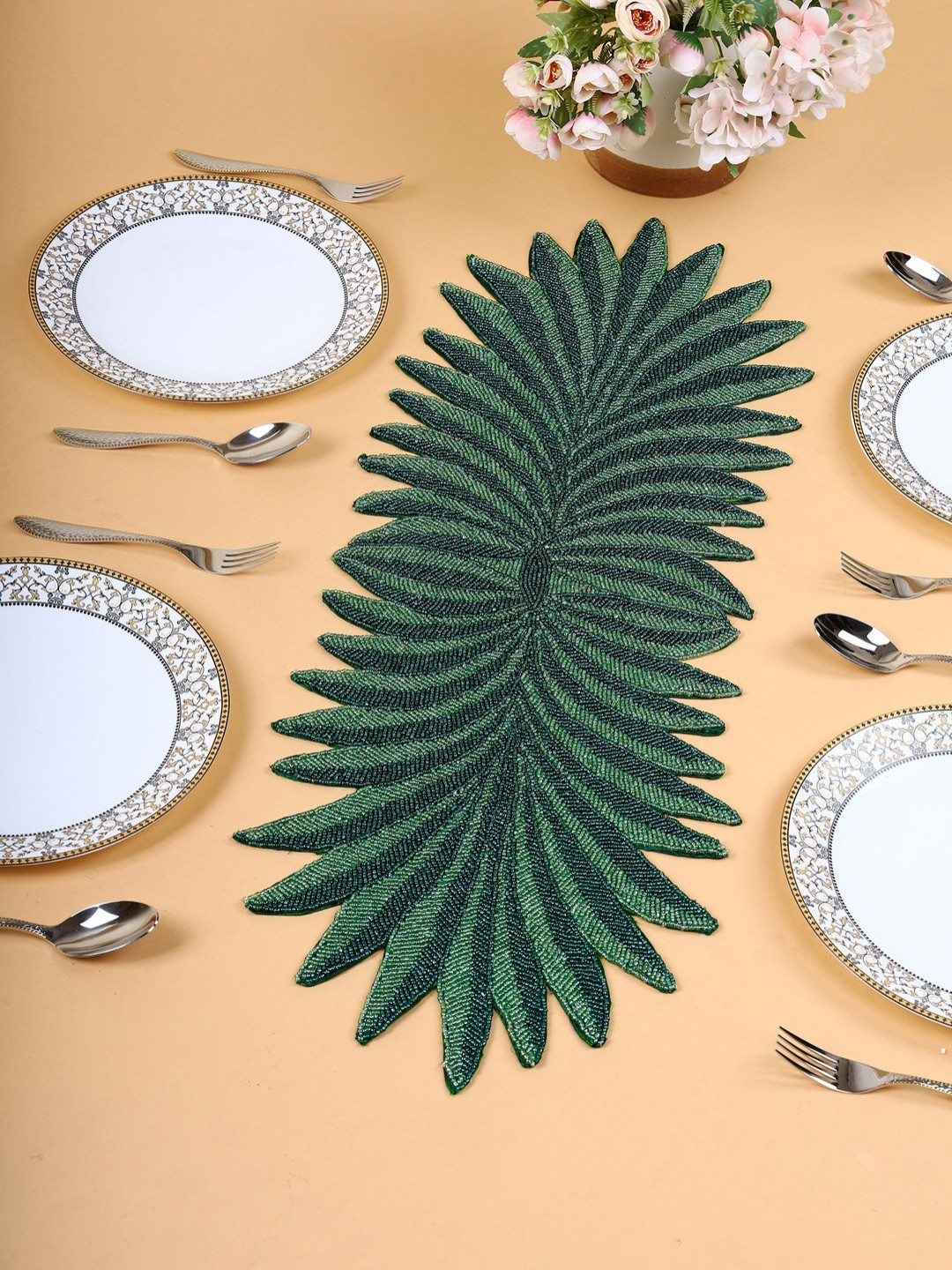 PURINA'S Green & Black Beaded Rectangular Dining Table Runner