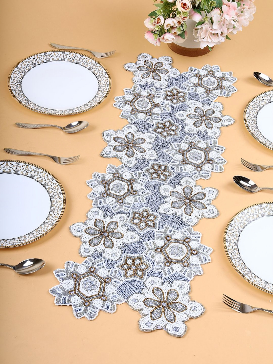 PURINA'S Grey & White Textured Beaded Table Runner