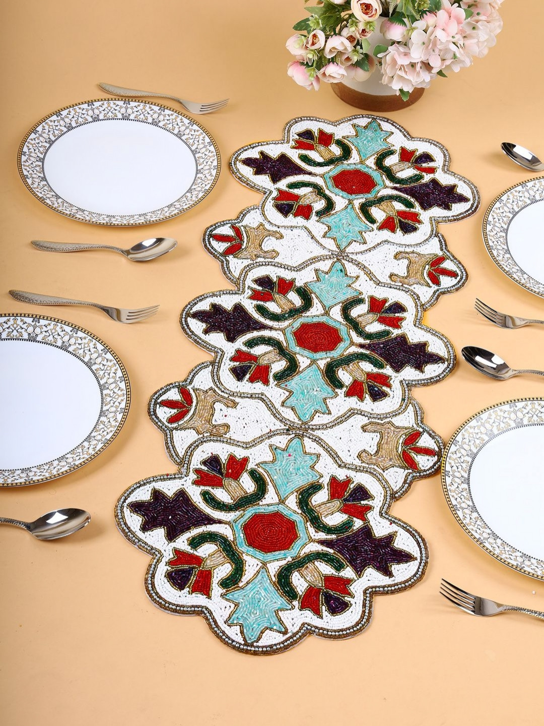 PURINA'S White & Red Beaded Table Runner