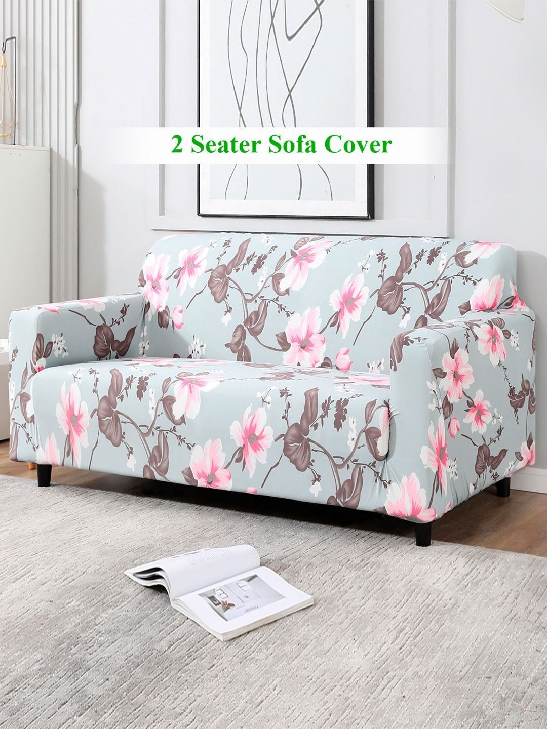 HOKIPO Grey & Pink 2 seater Printed Polyester Sofa Cover With Arms