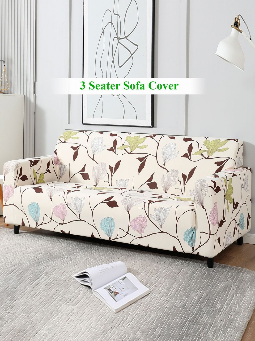 HOKIPO Beige Floral Polyester Stretch Fit Straight 3 Seater Sofa Cover-