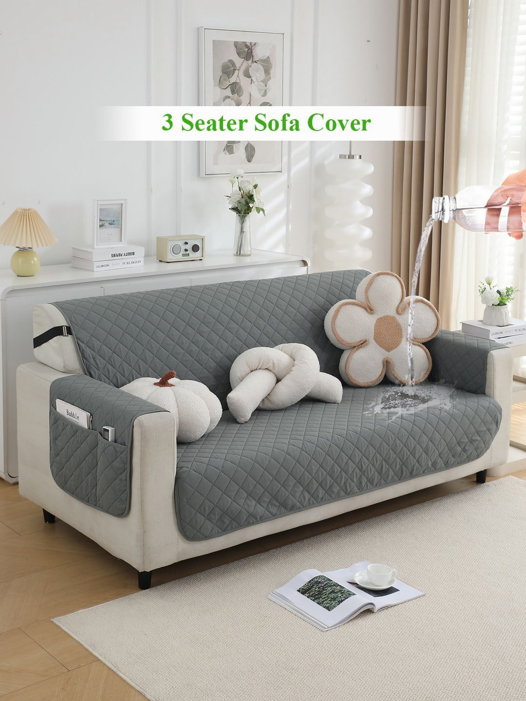 HOKIPO Grey 3 seater Solid Polyester Waterproof Sofa Cover with Arms