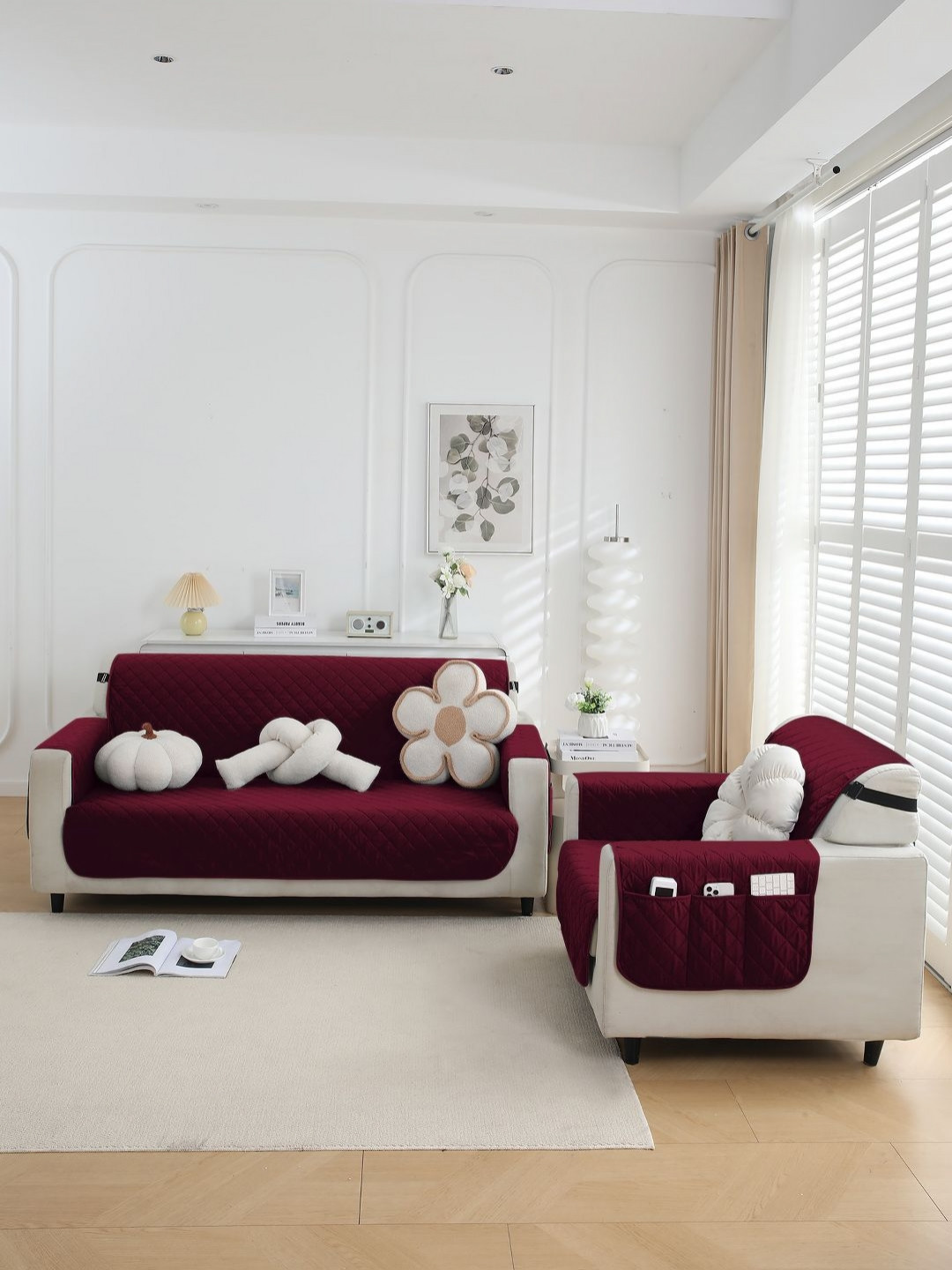 HOKIPO Burgundy 2 seater Solid Polyester Waterproof Sofa Cover With Arms