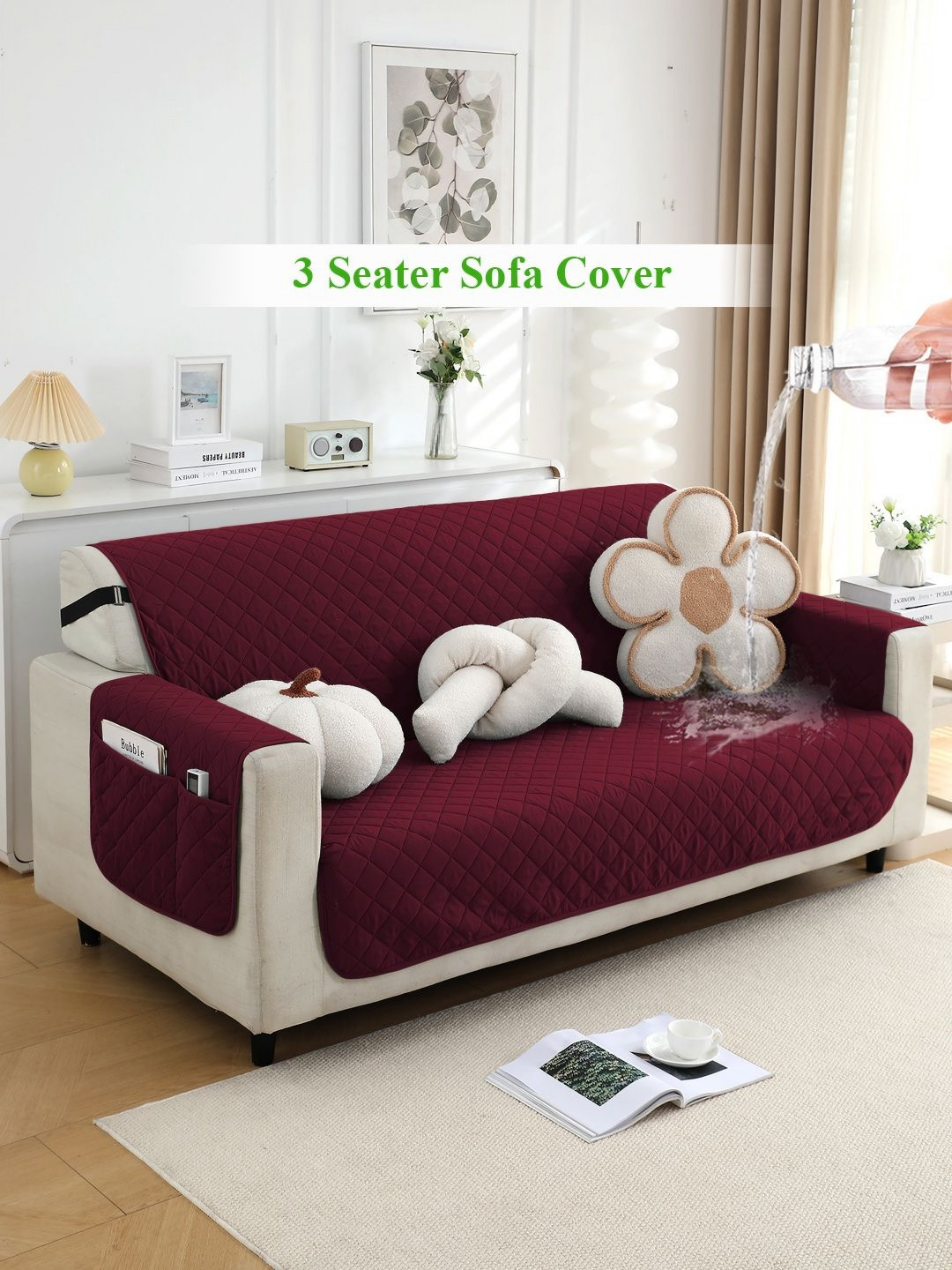 HOKIPO Burgundy 3 seater Polyester Waterproof Sofa Mat With Arms