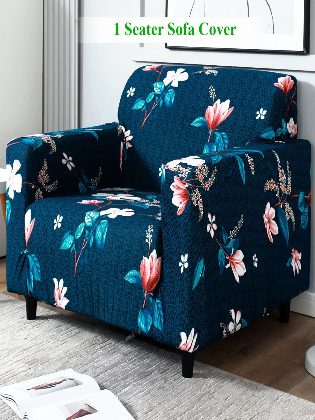 HOKIPO Blue & Red 1 seater Printed Polyester Sofa Cover With Arms