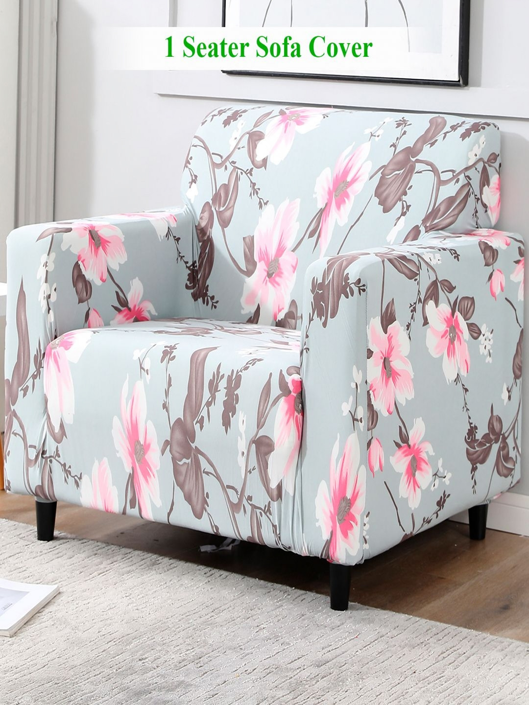 HOKIPO Grey & Pink 1 seater Printed Polyester Sofa Cover with Arms