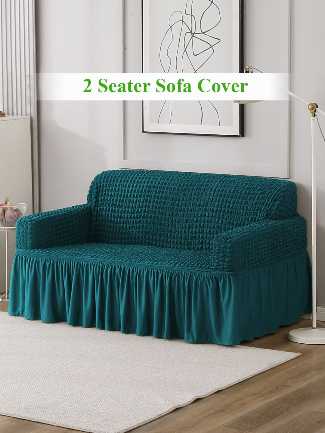 HOKIPO Teal 2 seater Polyester Frilled Sofa Cover