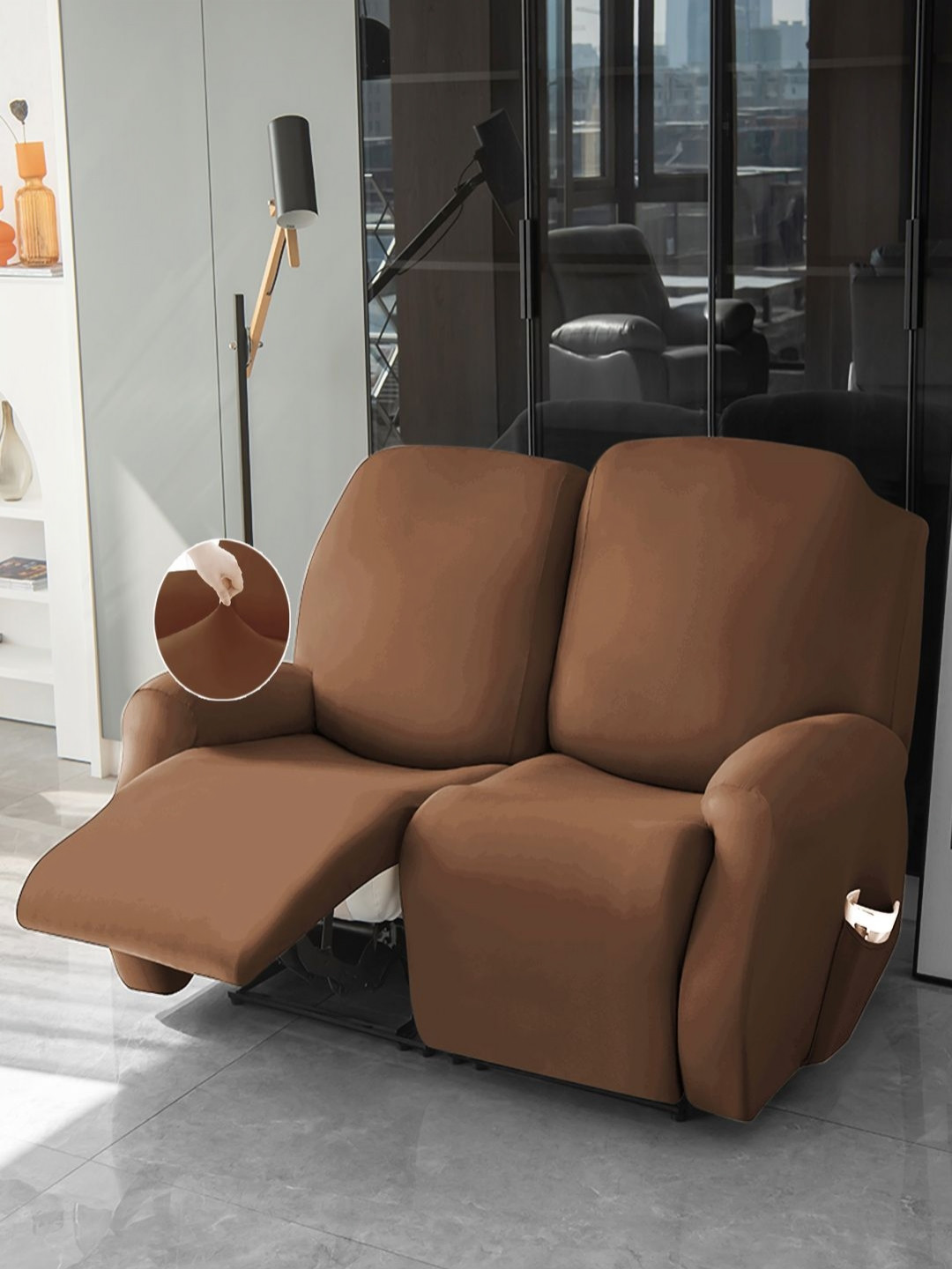 HOKIPO Brown Solid 2 seater Polyester Recliner with Arms Sofa Cover