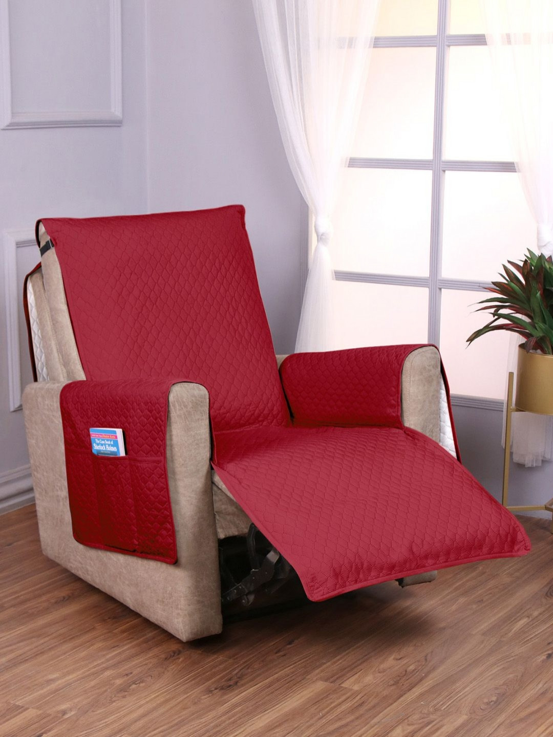 HOKIPO Maroon Solid Polyester 1 Seater Recliner Sofa Cover