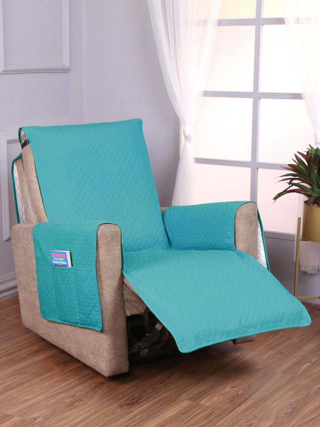 HOKIPO Teal Solid Polyester 1 Seater Recliner Sofa Mat with Pockets
