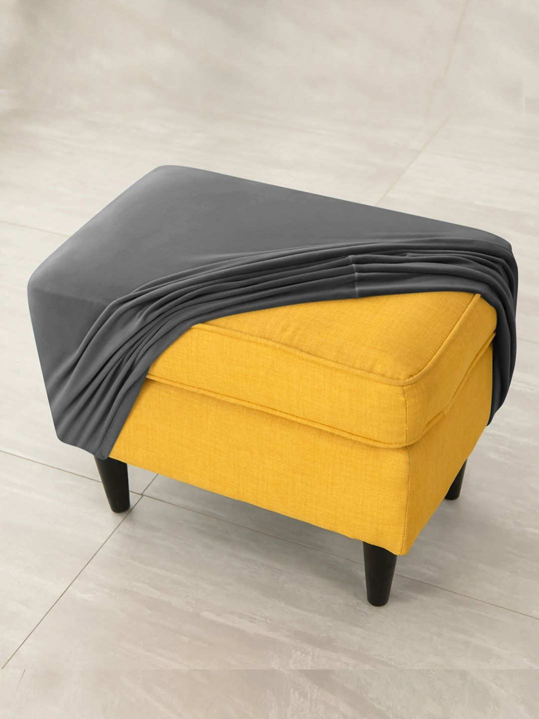 HOKIPO Grey Velvet Stretchable Ottoman Slip Cover