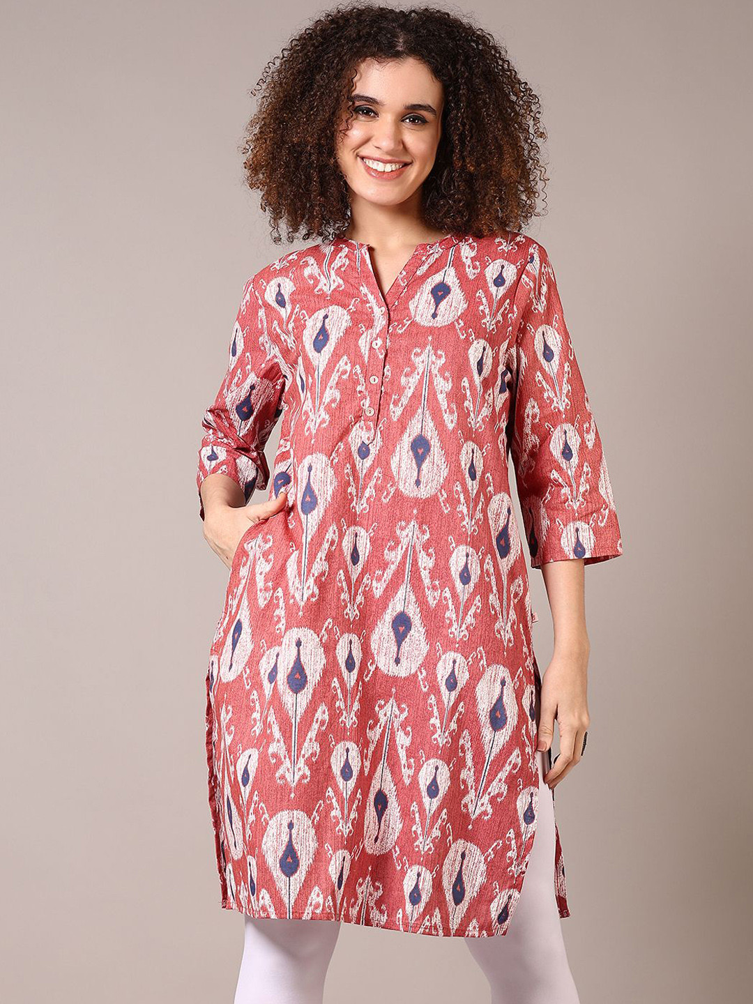 V-Mart Ethnic Motifs Printed Cotton Mandarin Collar Straight Kurta