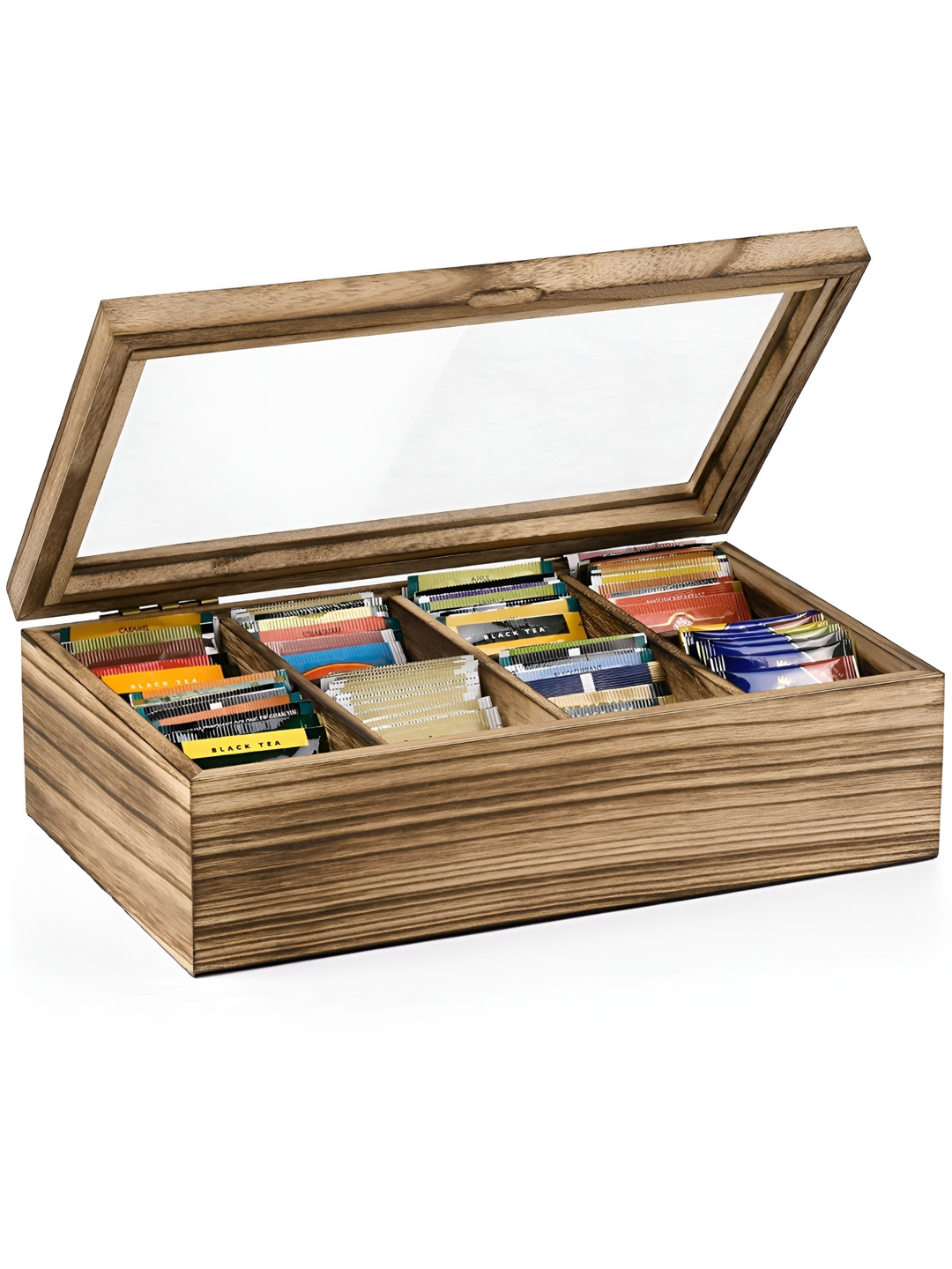 WHITEWHALE Brown & Transparent Wooden 8 Compartment Tea Bags Organizer With Glass Window