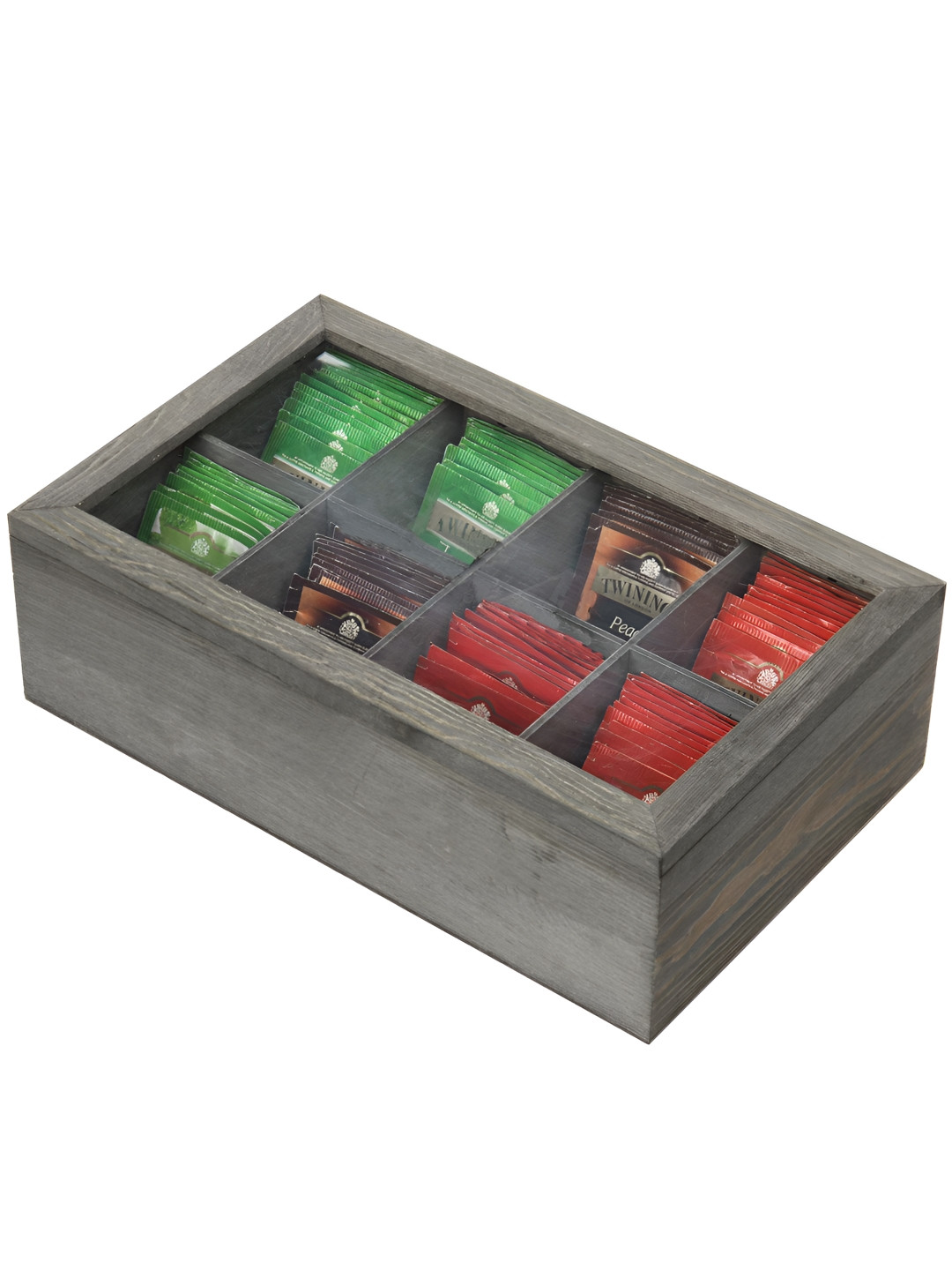 WHITEWHALE Black & Transparent Wooden 8 Compartment Tea Bags Organizer With Glass Window