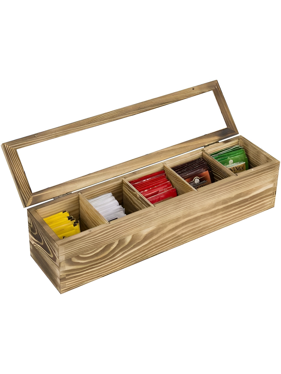 WHITEWHALE Brown & Transparent Wooden 5 Compartment Tea Bags Organizer With Glass Window