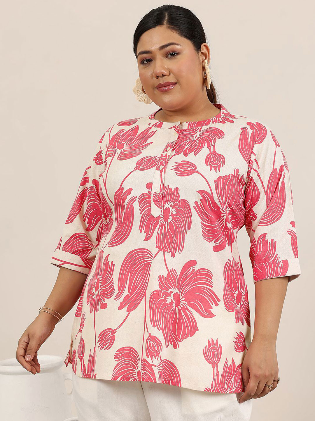 EXTRA LOVE BY LIBAS Plus Size Floral Printed Boat Neck Straight Kurti
