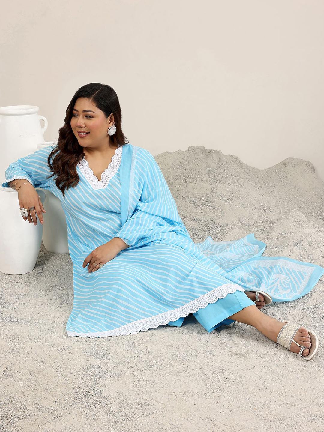 EXTRA LOVE BY LIBAS Plus Size Leheriya Printed Straight Kurta With Trouser & Dupatta
