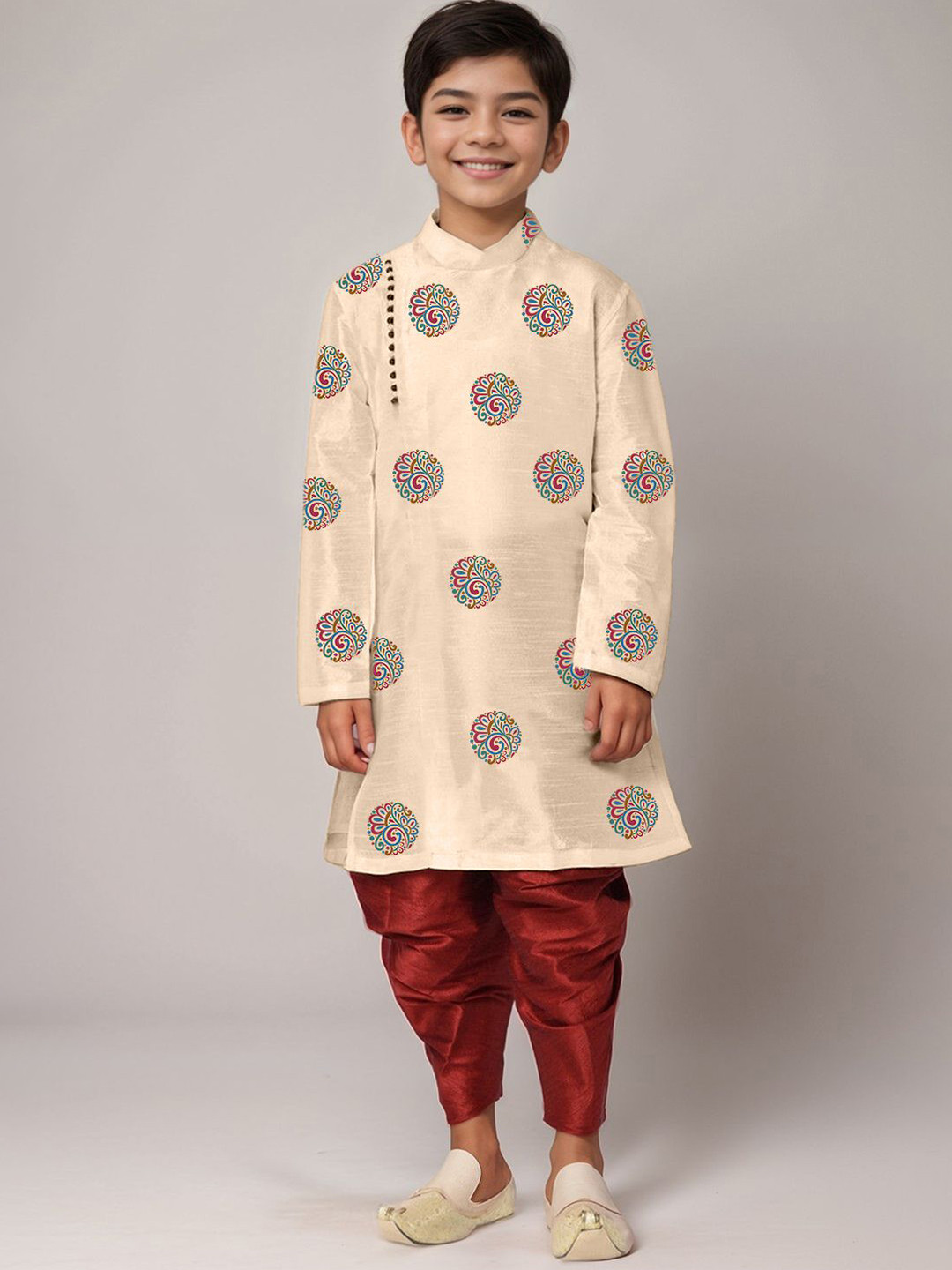 DEVOILER Boys Ethnic Motifs Printed Mandarin Collar Straight Kurta With Dhoti Pants