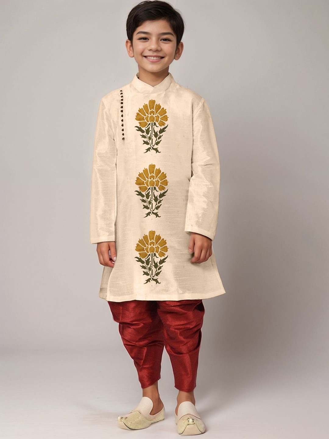 DEVOILER Boys Floral Printed Mandarin Collar Straight Kurta With Dhoti Pants Silk Set